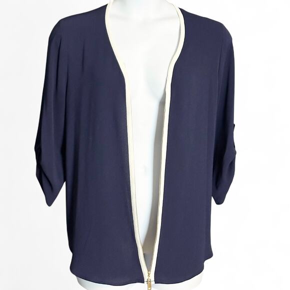 Chaus New York Navy Blue Zip Front Blouse Size L 3/4 Sleeve Roll Tab Career Top - Picture 5 of 9
